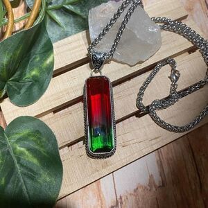 Bi-Color Tourmaline Red Green Sterling Silver Pendant Necklace